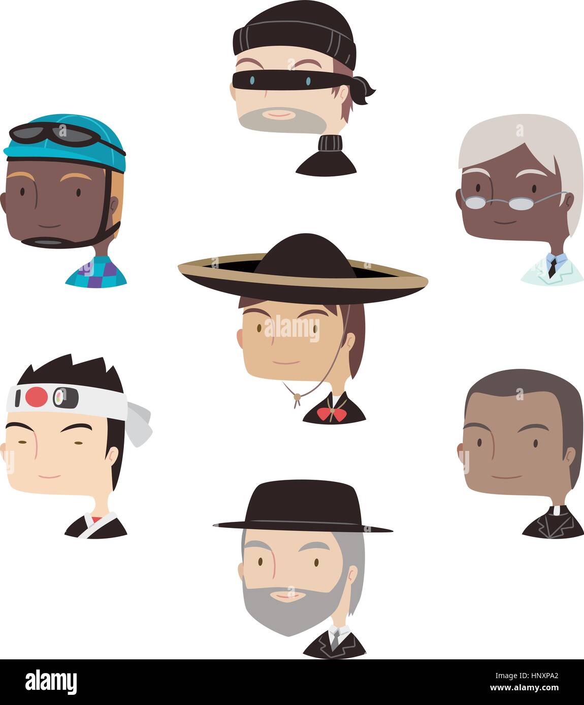 Testa e la spalla Professional Avatar caratteri speciali profilo, con il cantante, Cook, Chef, biker, ladro, jokey, studioso messicano, mariachi, sacerdote, ra Illustrazione Vettoriale