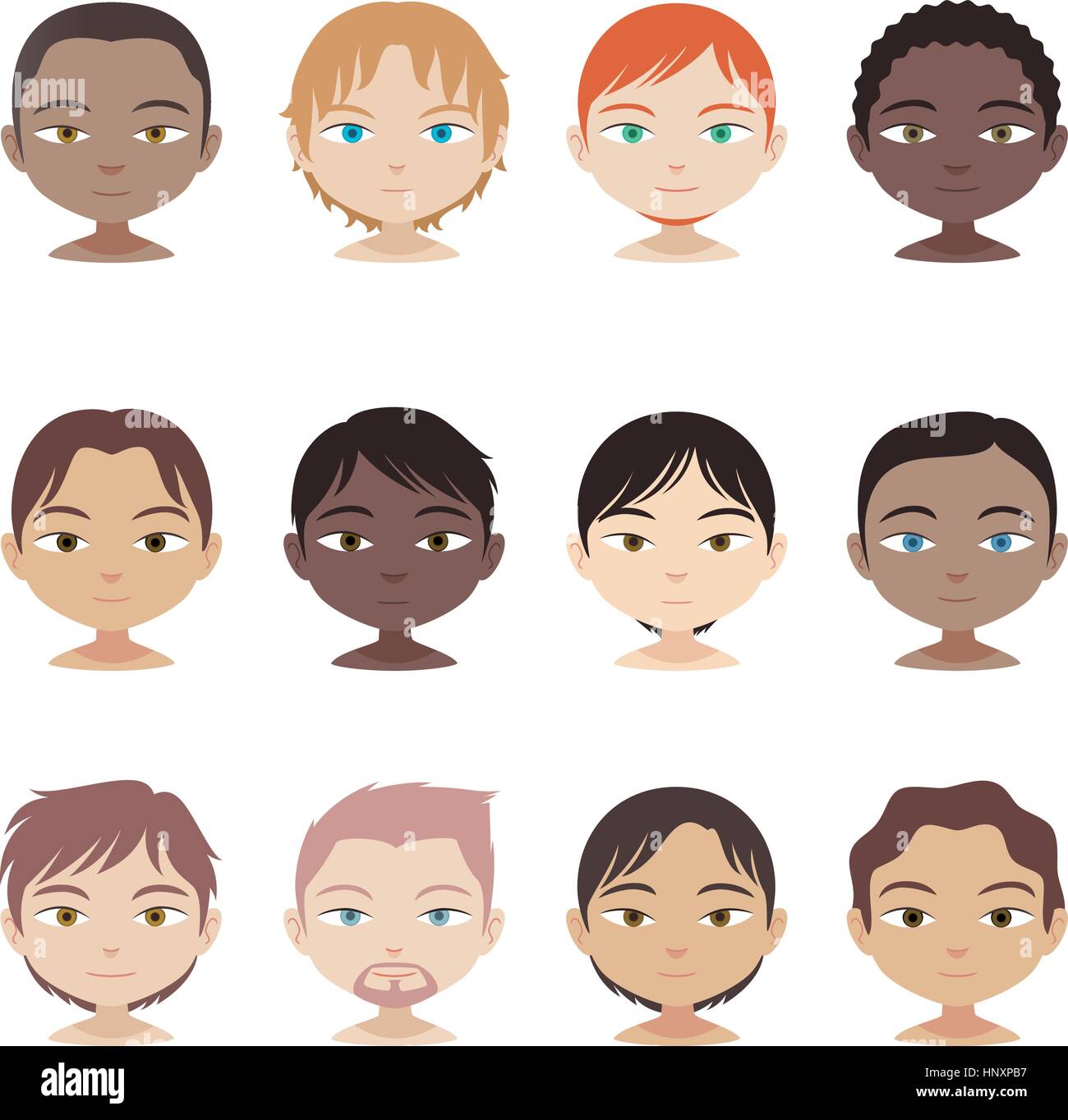 Testa e spalle avatar multi-etnico insieme persone con dodici avatar di persone di diverse etnie e parrucchieri. Illustrazione Vettoriale