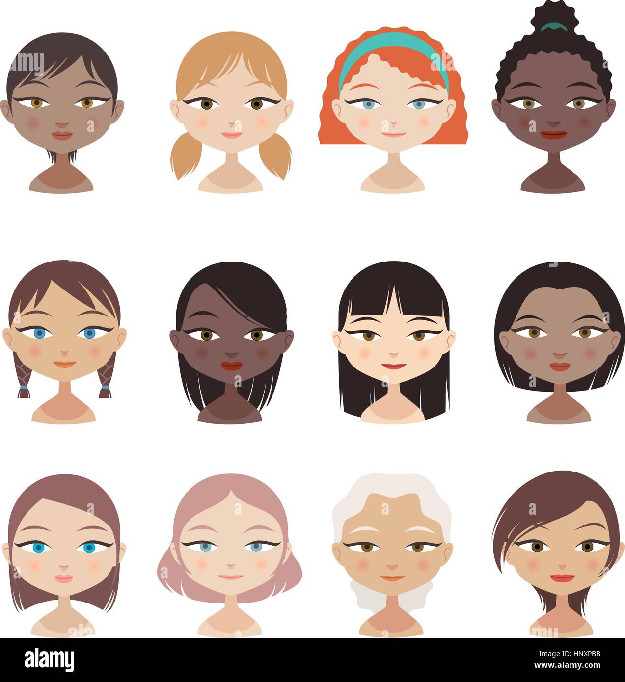Testa e la spalla persone Avatar Profilo Set di caratteri ragazza facce, con 12 dodici diverse la testa e il profilo della spalla di avatar con differenti acconciatura Illustrazione Vettoriale