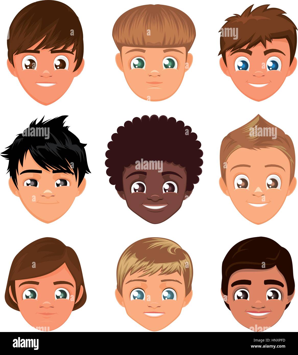 Ragazzi piccoli facce di testa avatar cartoon di profilo speciale set di caratteri, con cool acconciatura illustrazione vettoriale. Illustrazione Vettoriale