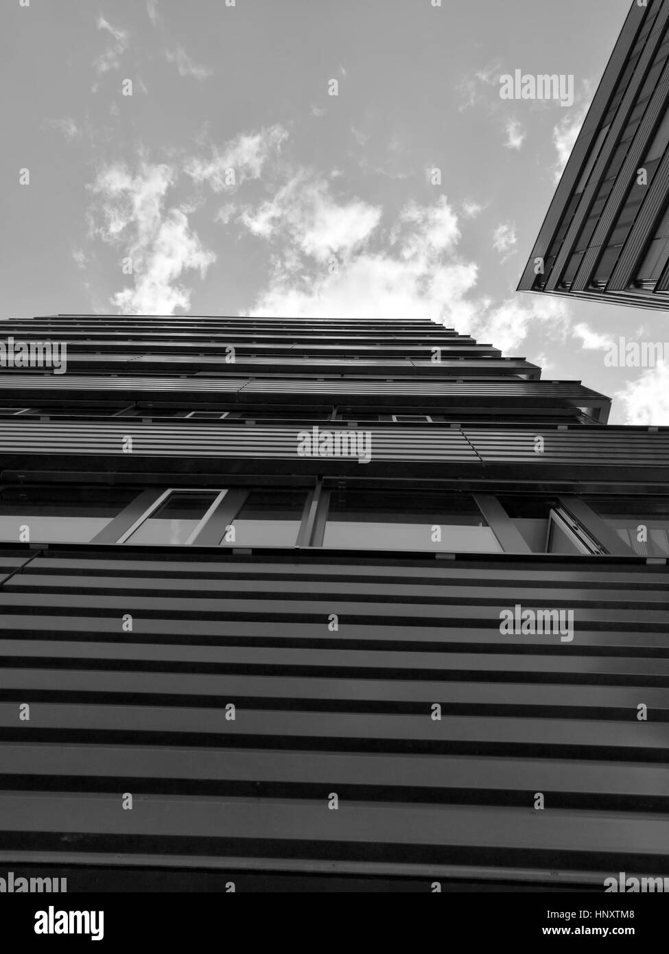 Monocromatico a basso angolo di visione su edificio aziendale Foto Stock