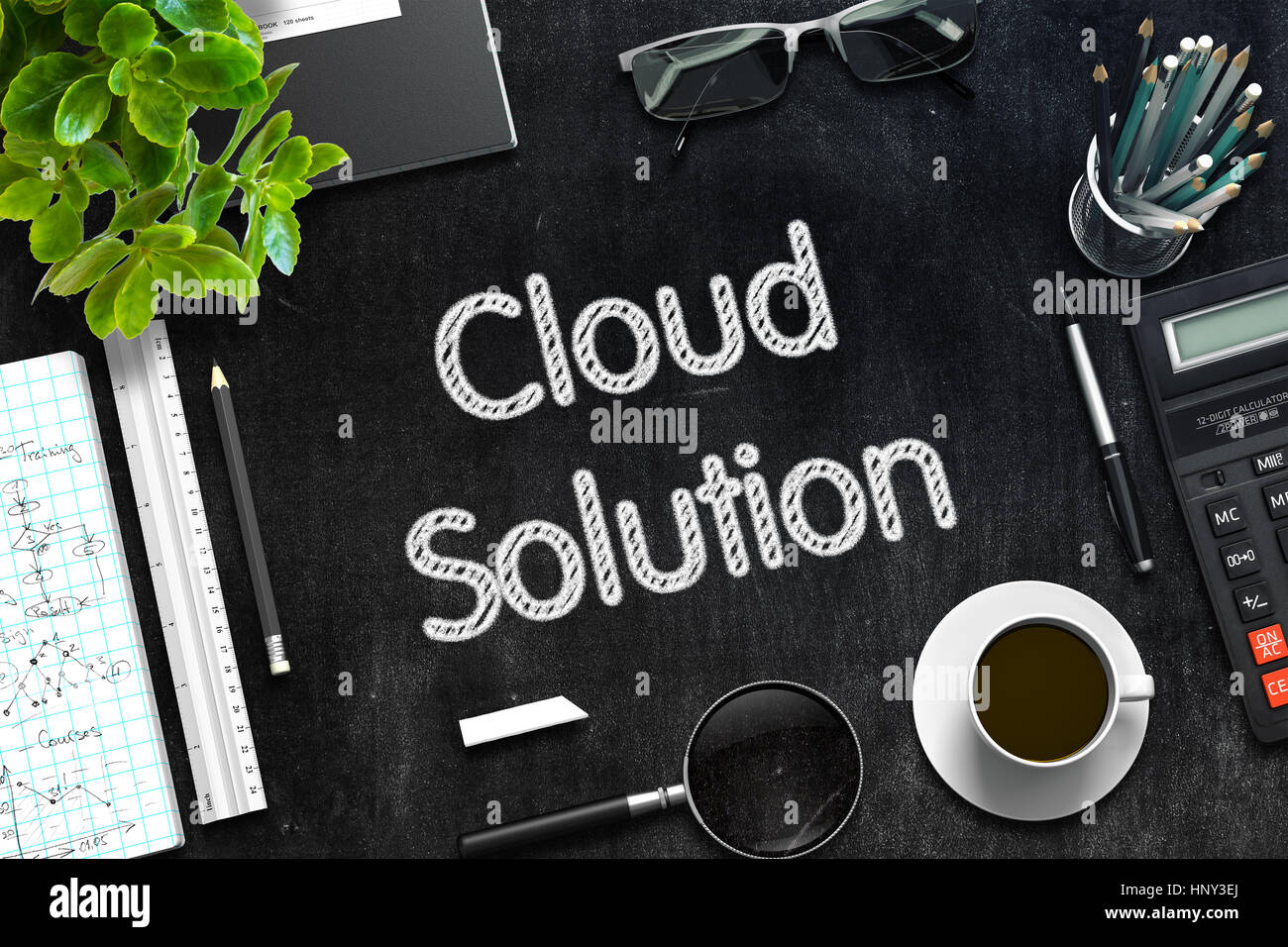 Lavagna nera con il Cloud del concetto di soluzione. Il rendering 3D. Foto Stock