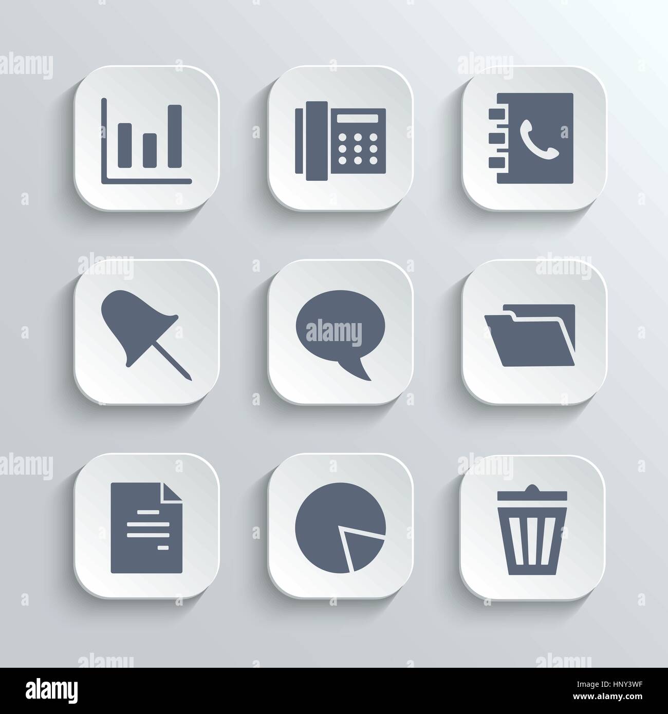 Web icone set - bianco del vettore APP pulsanti con schema rubrica fax pin discorso bolla grafico del documento nel cestino e simboli della cartella Illustrazione Vettoriale