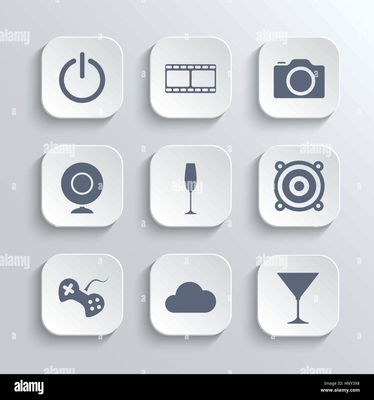 Icone Multimedia set - bianco del vettore app con pulsanti di potenza a film webcam discoteca party game cloud simboli cocktail Illustrazione Vettoriale