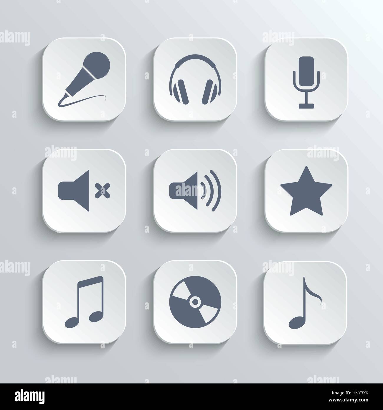 Supporto set di icone - bianco del vettore APP pulsanti con microfono classico retrò cuffie volume mute star della musica disco nota Illustrazione Vettoriale