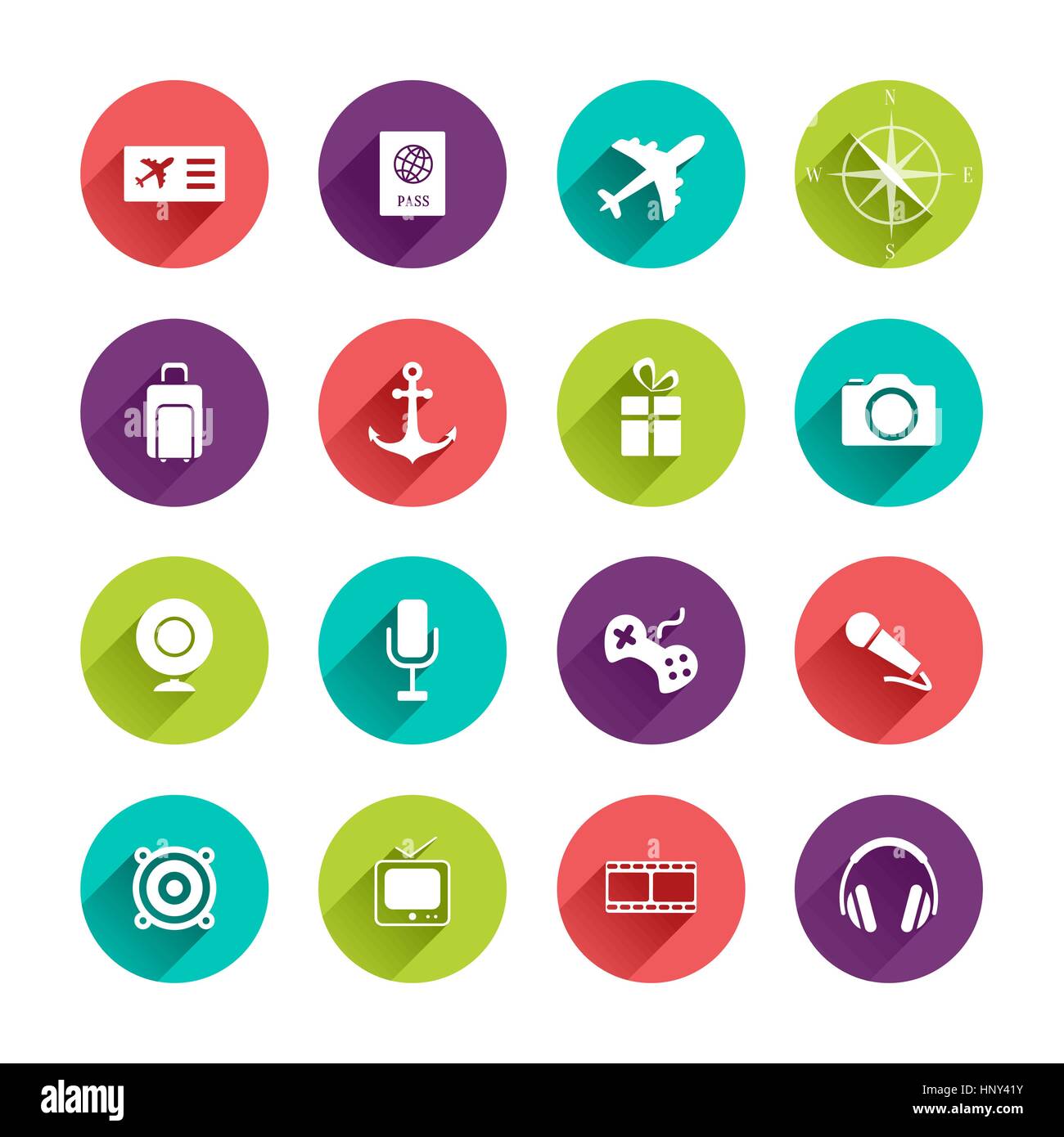 Vettore di viaggio set di icone in design piatto con lunghe ombre sul cerchio dei pulsanti con biglietto aereo passaporto bussola borsa regalo di ancoraggio della telecamera MIC webcamera Illustrazione Vettoriale