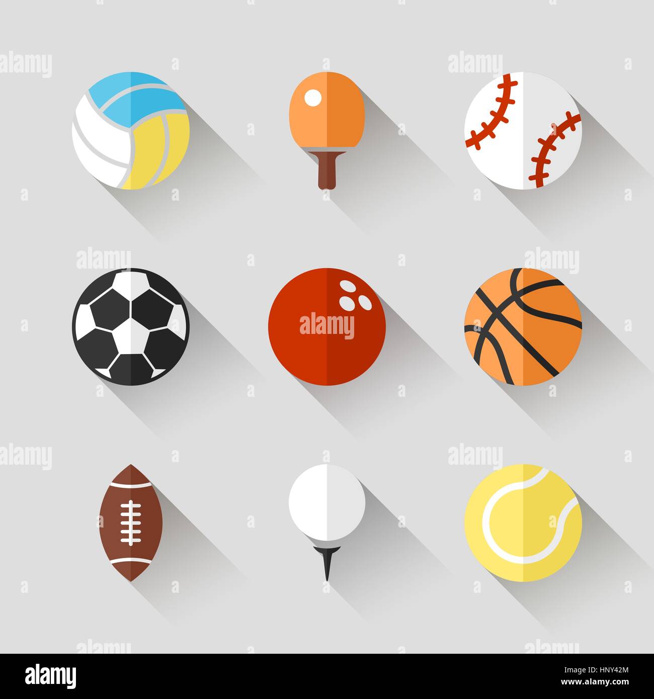 Sport balls icona set - bianco del vettore APP bottoni lunga ombra stile con il calcio calcio tennis baseball basket golf pallavolo rugby bowling ping Illustrazione Vettoriale