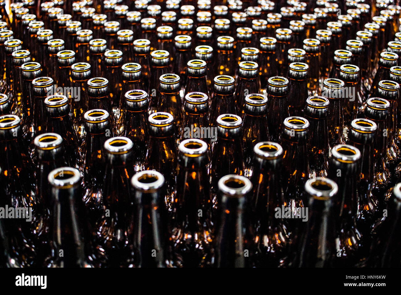 Svuotare le bottiglie di birra quasi disposti e in attesa di essere riempiti. Foto Stock