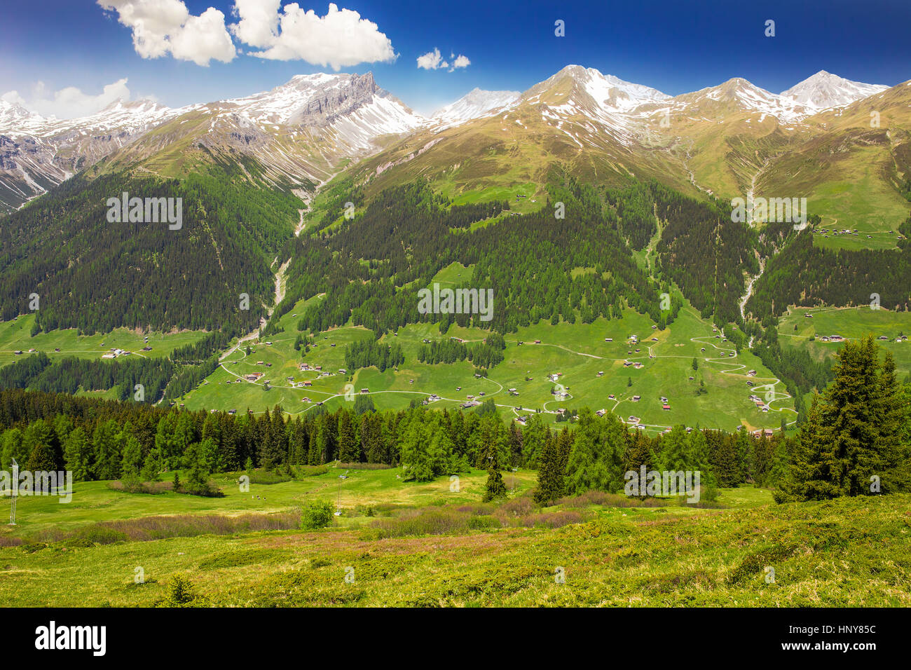 Vista alpi svizzere dalla cima della montagna Rinerhorn, Davos, Grigioni, Svizzera Foto Stock