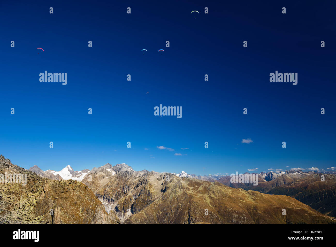 I parapendii godendo di una vista maestosa alle Alpi Svizzere dalla cima del monte Eggishorn, Vallese, Svizzera Foto Stock