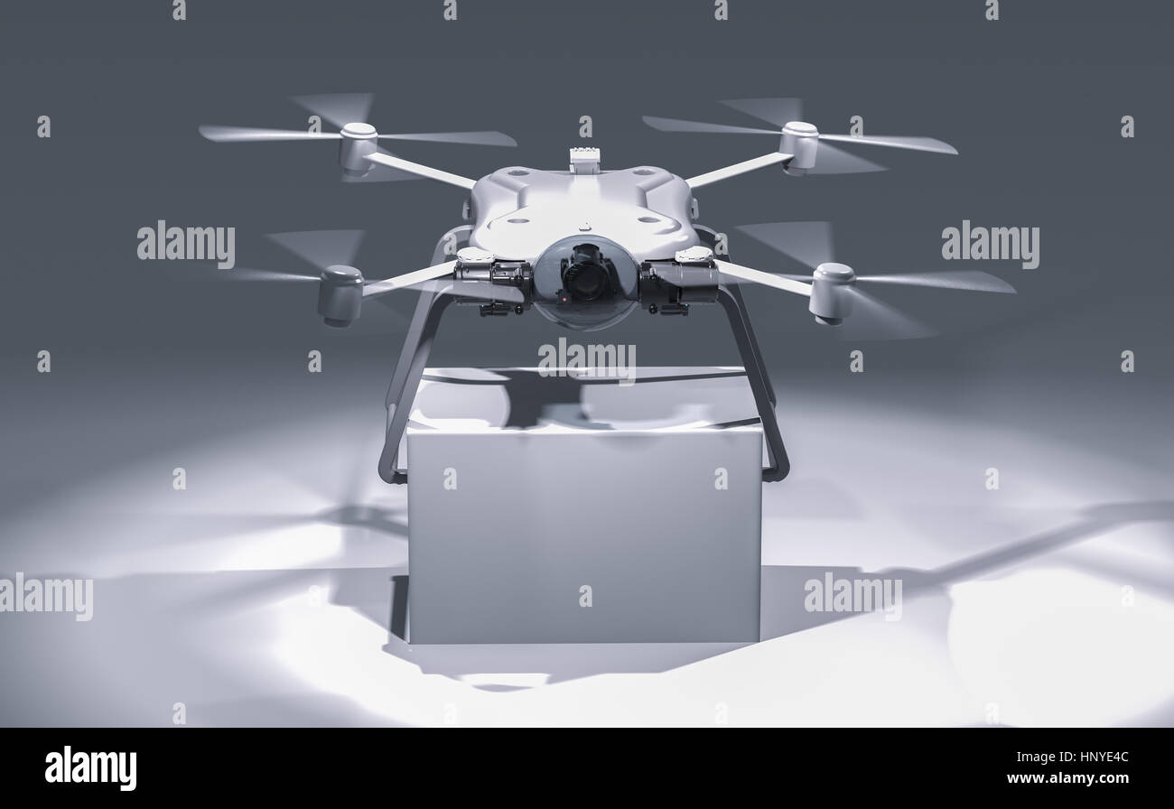3D rendering consegna drone con scatola bianca Foto Stock