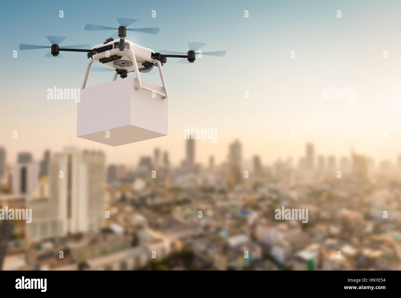 3D rendering consegna drone battenti con il paesaggio sullo sfondo Foto Stock