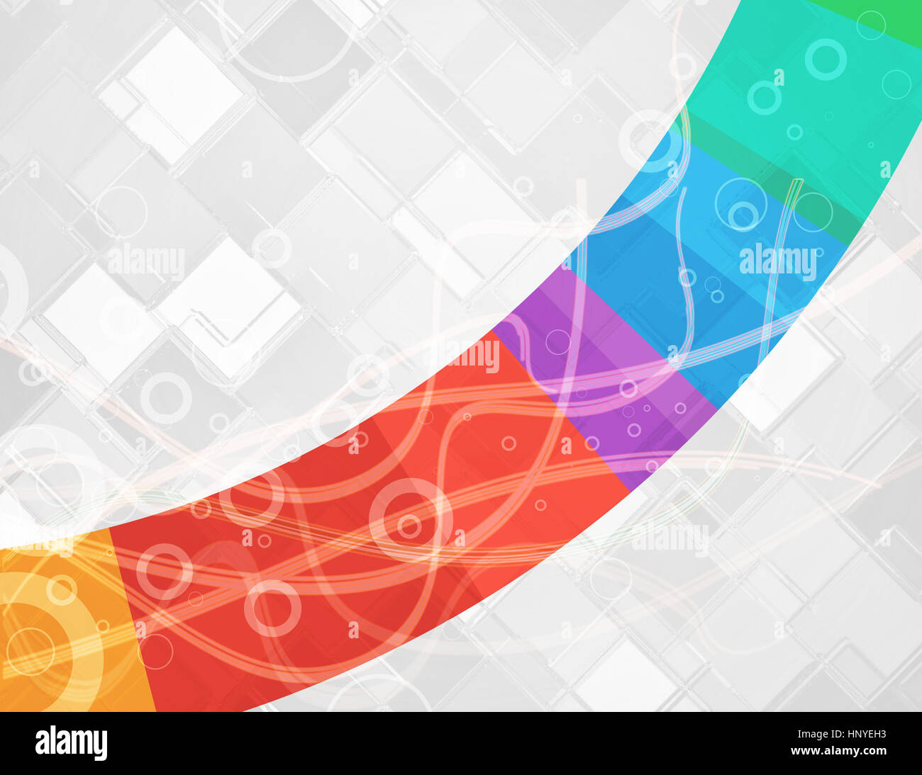 White abstract techno con sfondo colorato curva striscia ondulata con linee astratte e anelli di cerchio in design moderno e contemporaneo e luminoso rainbow c Foto Stock