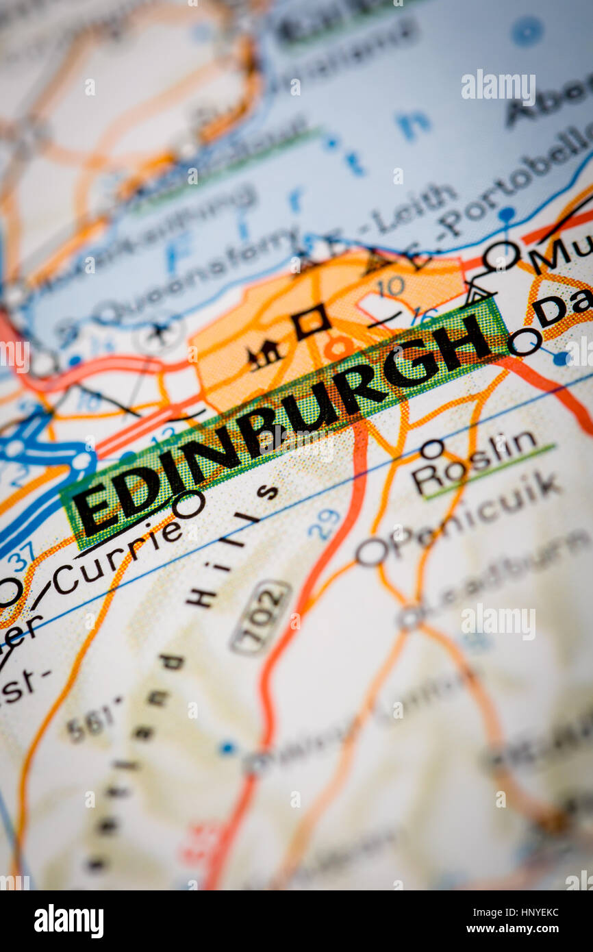Mappa fotografia: Edinburgh City su una mappa stradale Foto Stock