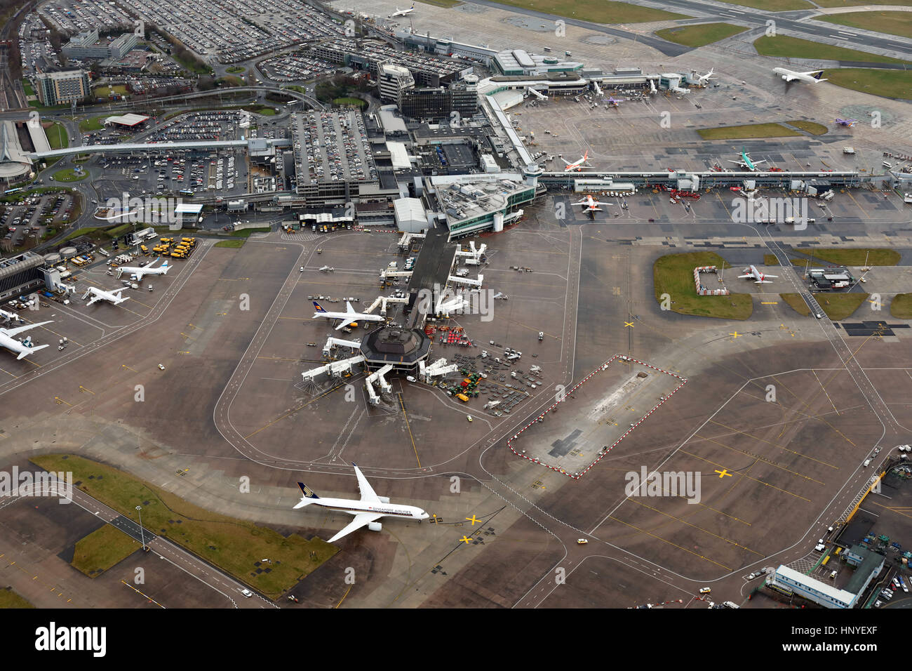 Vista aerea dell'aeroporto di Manchester, Regno Unito Foto Stock