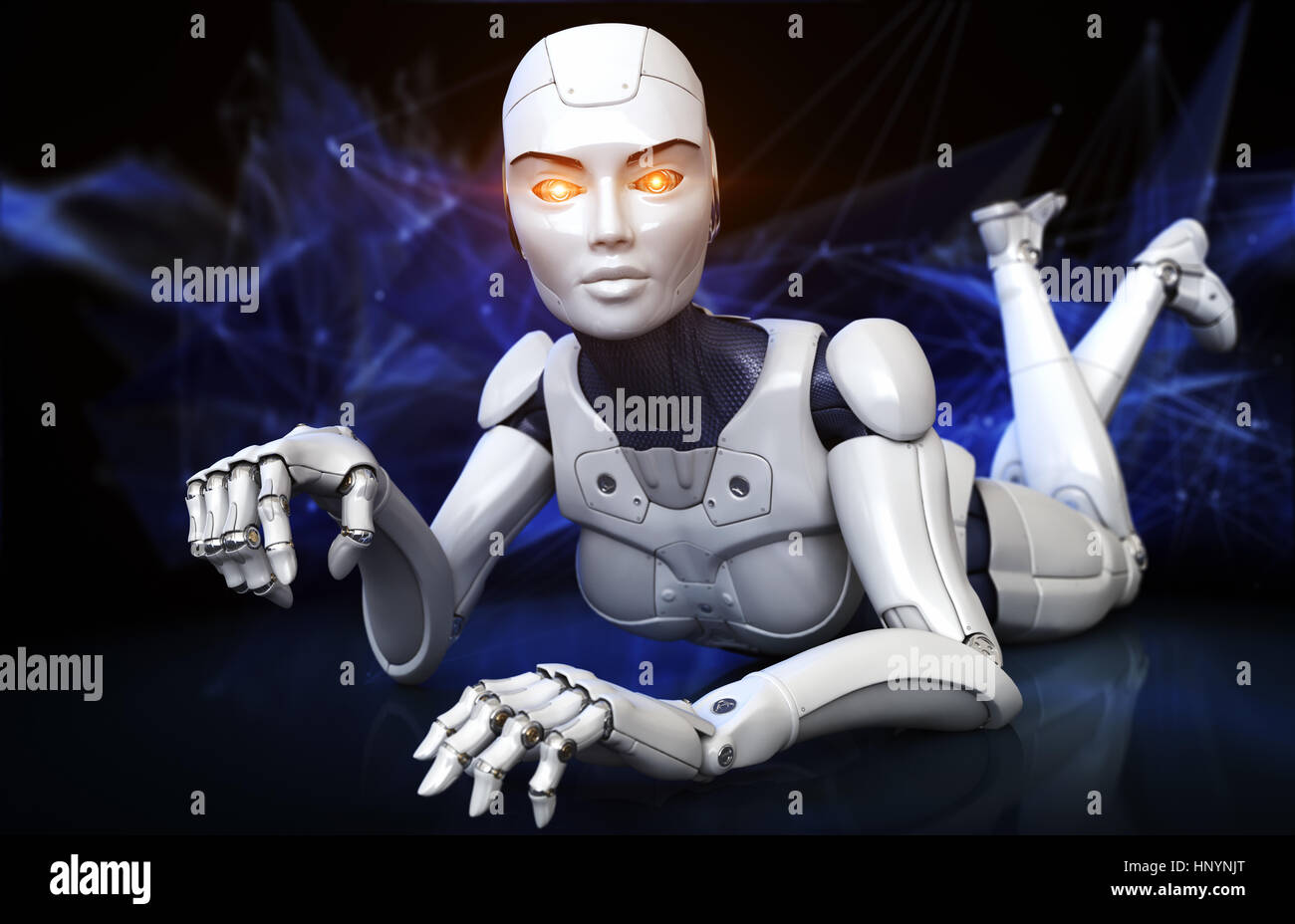 Robot sdraiato sul pavimento. 3D illustrazione Foto Stock