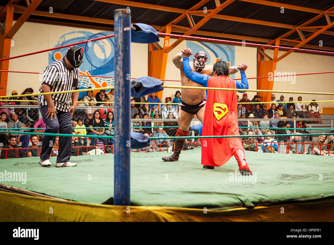 Lucha Libre. Lottatori in combattimento, e l'arbitro, centro sportivo La Ceja, El Alto, La Paz, Bolivia Foto Stock