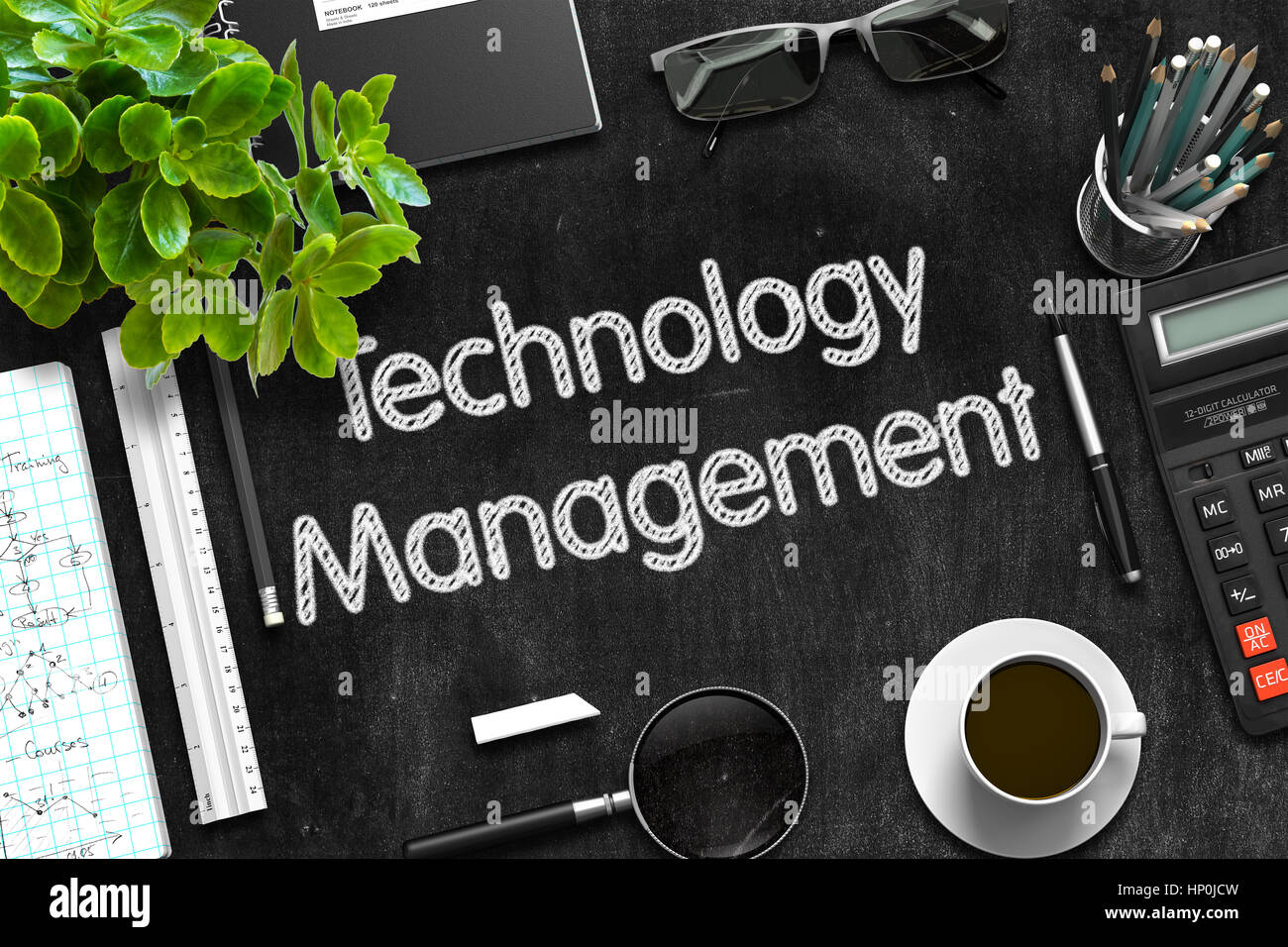 Lavagna nera con la tecnologia di gestione. Il rendering 3D. Foto Stock