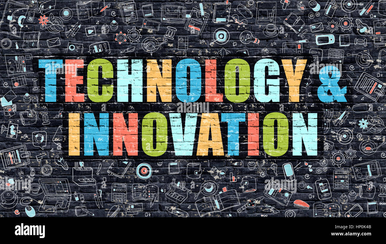 Tecnologia e innovazione in multicolore. Doodle Design. Foto Stock