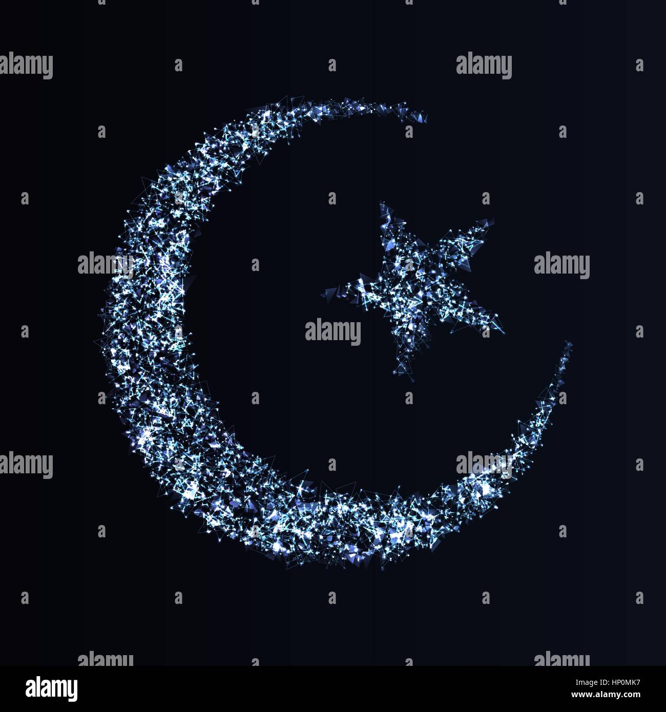 Eid Mubarak greeting card design. Abstract mezzaluna e stella fatta di elementi poligonali, puntini luminosi e particelle per il mese sacro dei musulmani comm Illustrazione Vettoriale