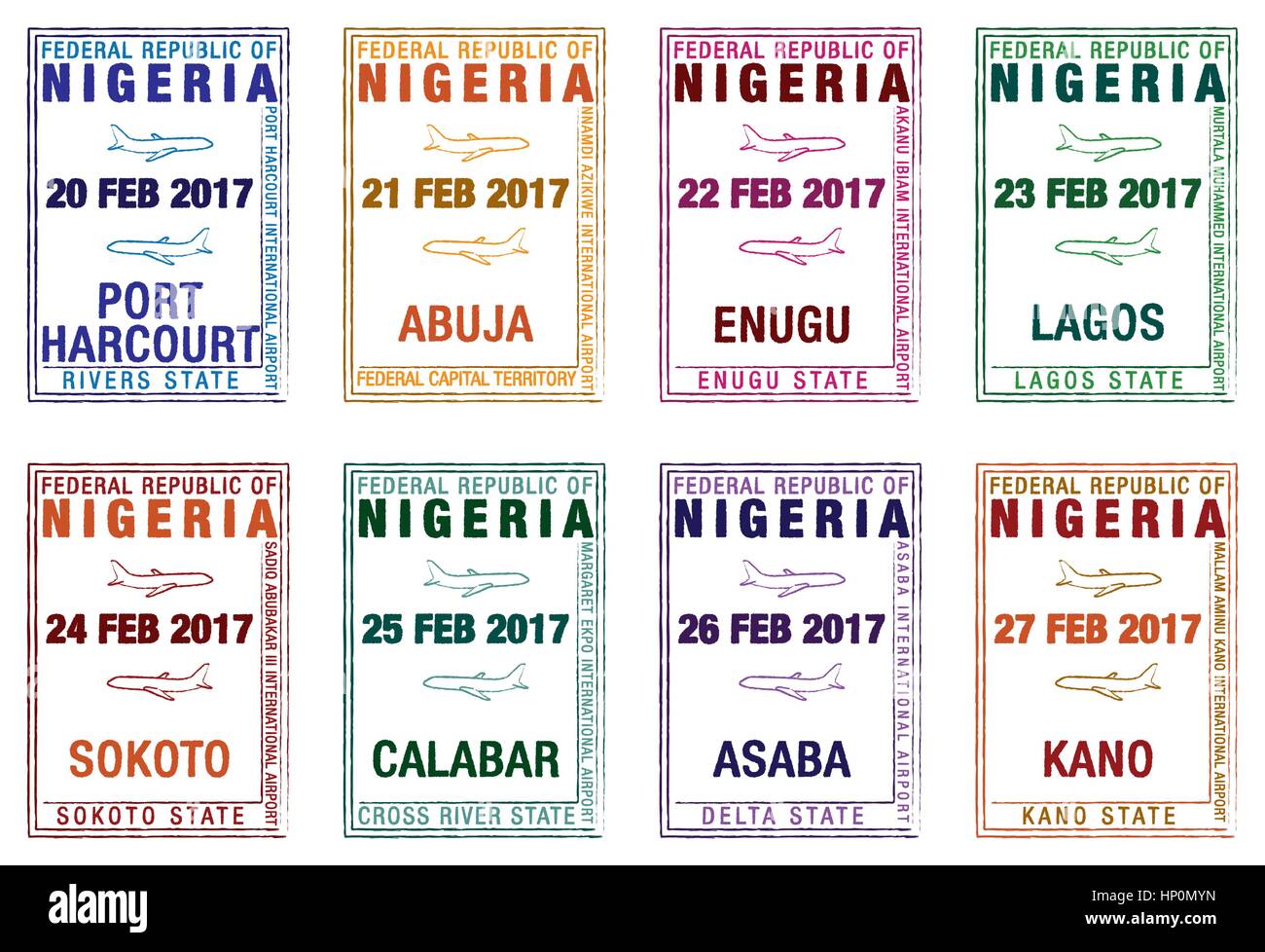 Stilizzato Passaporto Francobolli della Nigeria in formato vettoriale. Illustrazione Vettoriale