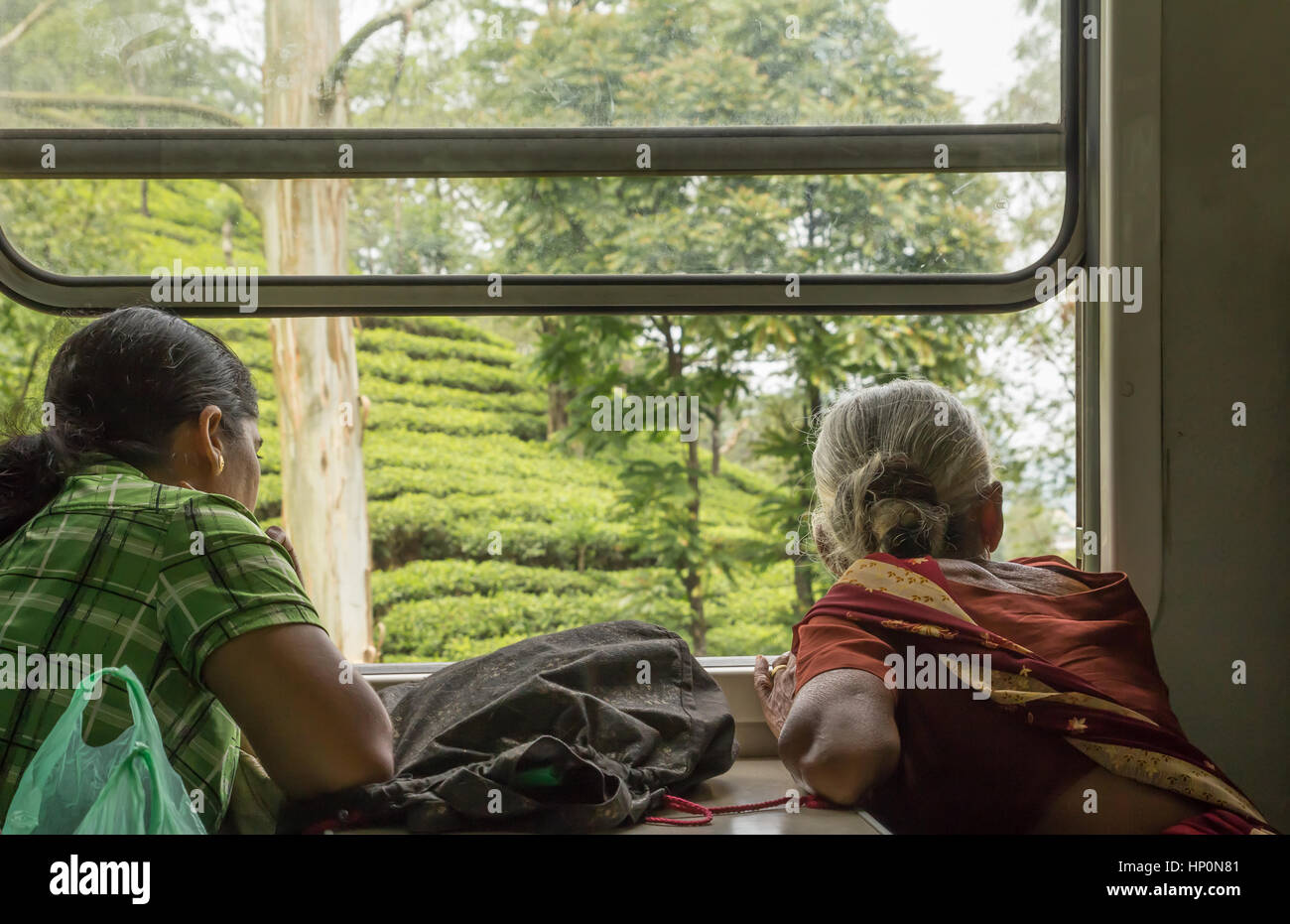COLOMBO, SRI LANKA - Novembre 29, 2013 : donna passeggeri guardando fuori della finestra del treno in modo da Colombo a Ella il 29 novembre 2013 Foto Stock