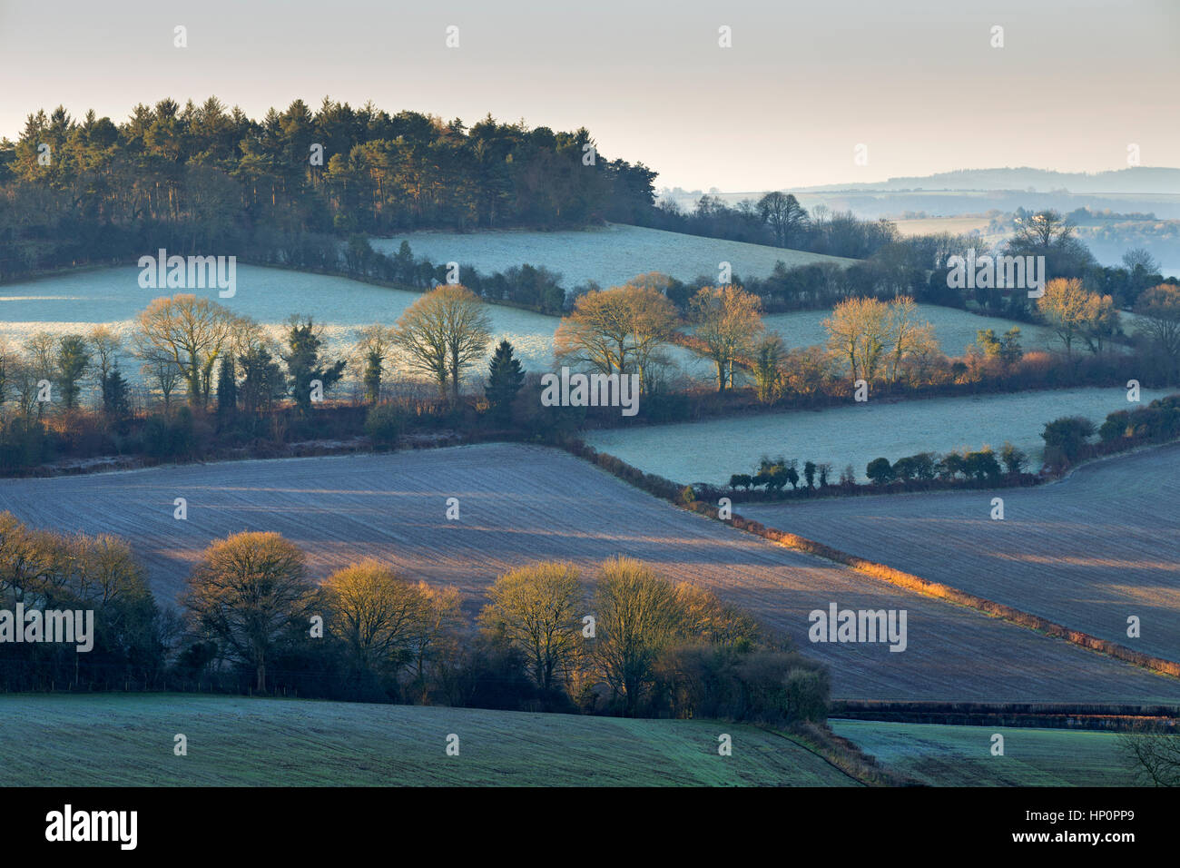 Alba sulle ondulate colline gallesi, a Trellech, nel Galles del Sud. Foto Stock