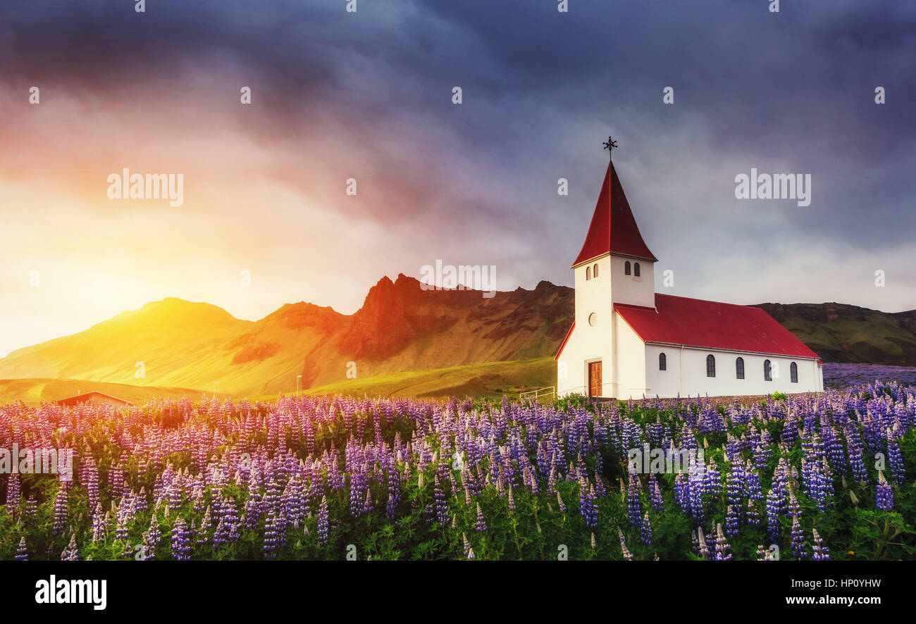 Chiesa luterana di Vik. I pittoreschi paesaggi di foreste un Foto Stock