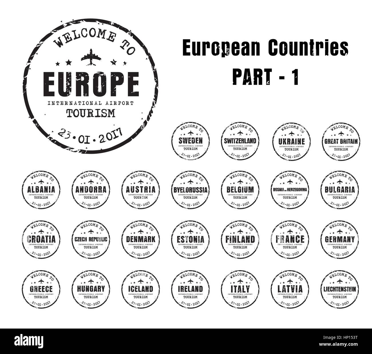 Set di vecchi francobolli usurato passaporto con il nome dei paesi europei. Segno di modelli per il viaggio e l'aeroporto. Parte 1 Illustrazione Vettoriale