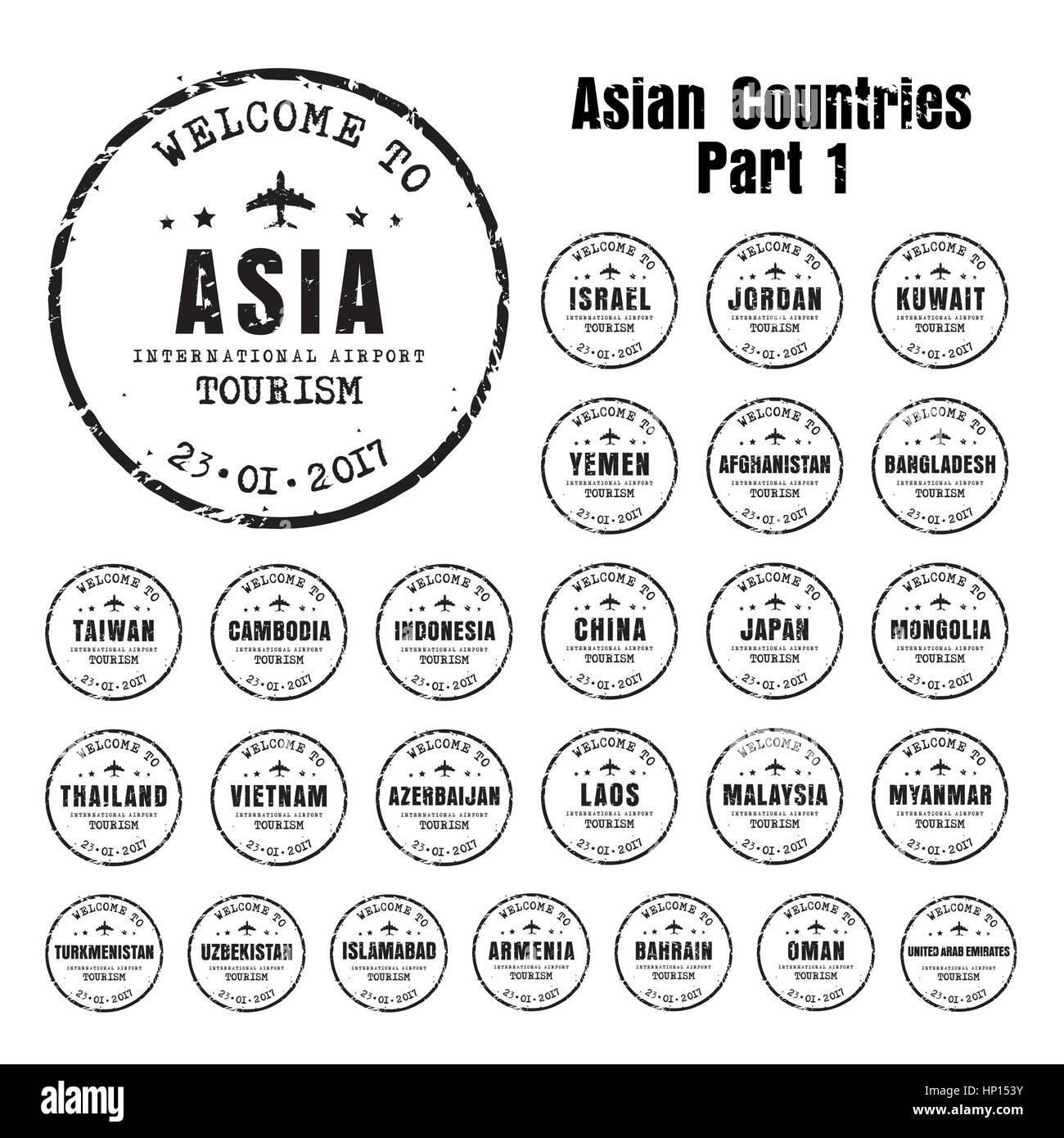 Set di vecchi francobolli usurato passaporto con il nome dei paesi asiatici. Segno di modelli per il viaggio e l'aeroporto. Parte 1 Illustrazione Vettoriale