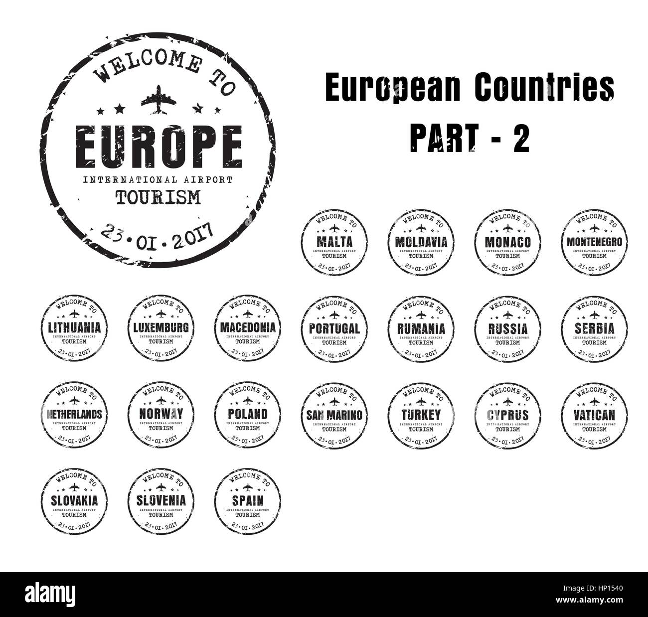 Set di vecchi francobolli usurato passaporto con il nome dei paesi europei. Segno di modelli per il viaggio e l'aeroporto. Parte 2 Illustrazione Vettoriale