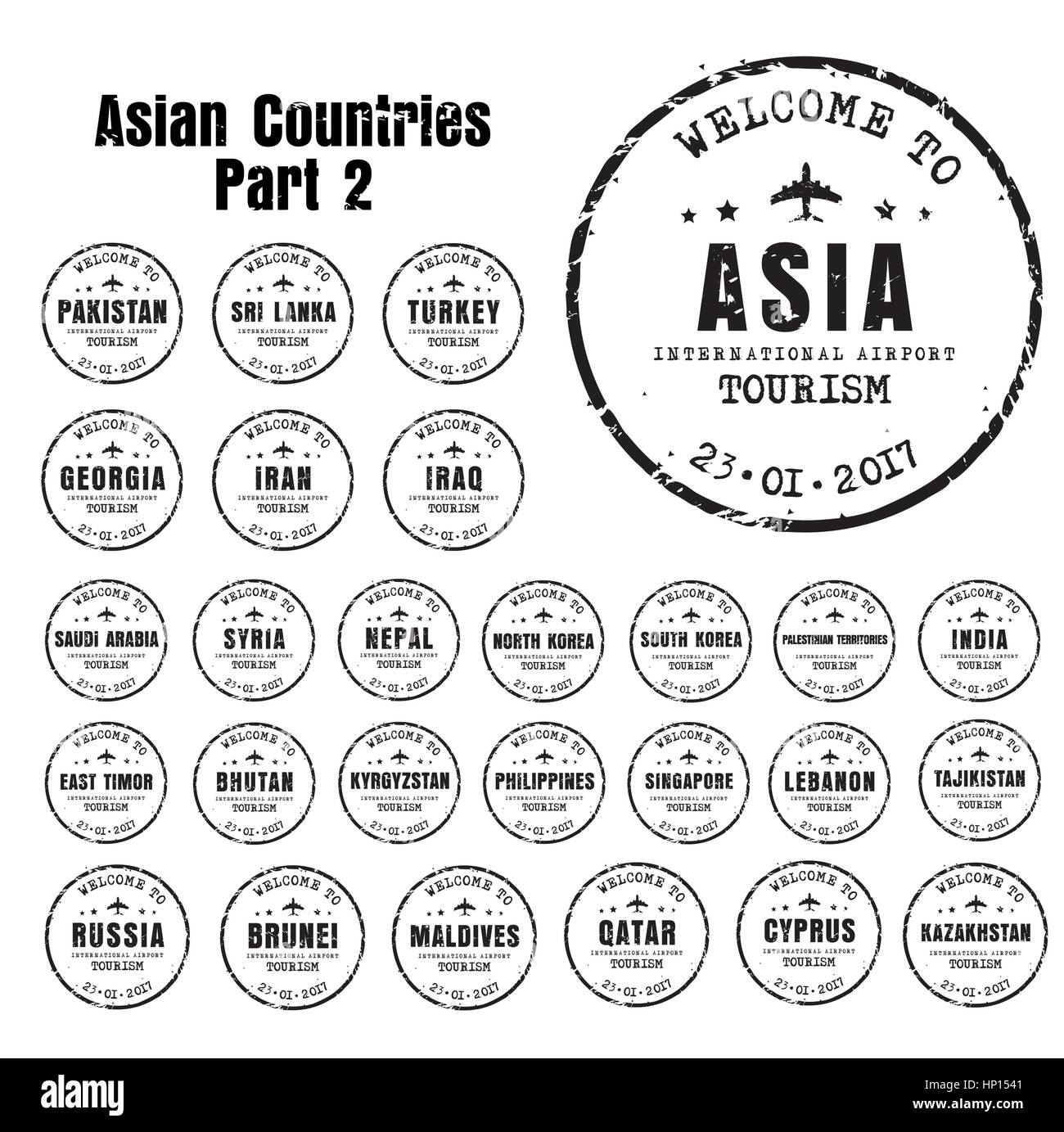 Set di vecchi francobolli usurato passaporto con il nome dei paesi asiatici. Segno di modelli per il viaggio e l'aeroporto. Parte 2 Illustrazione Vettoriale