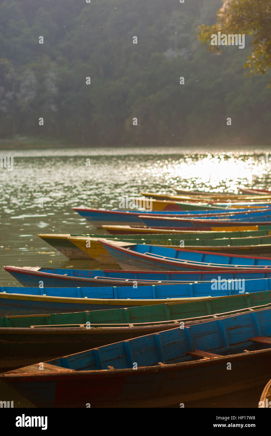 Imbarcazioni a remi allineate al lago fewa (phewa tal), pokhara, Nepal con machhapuchre in background Foto Stock