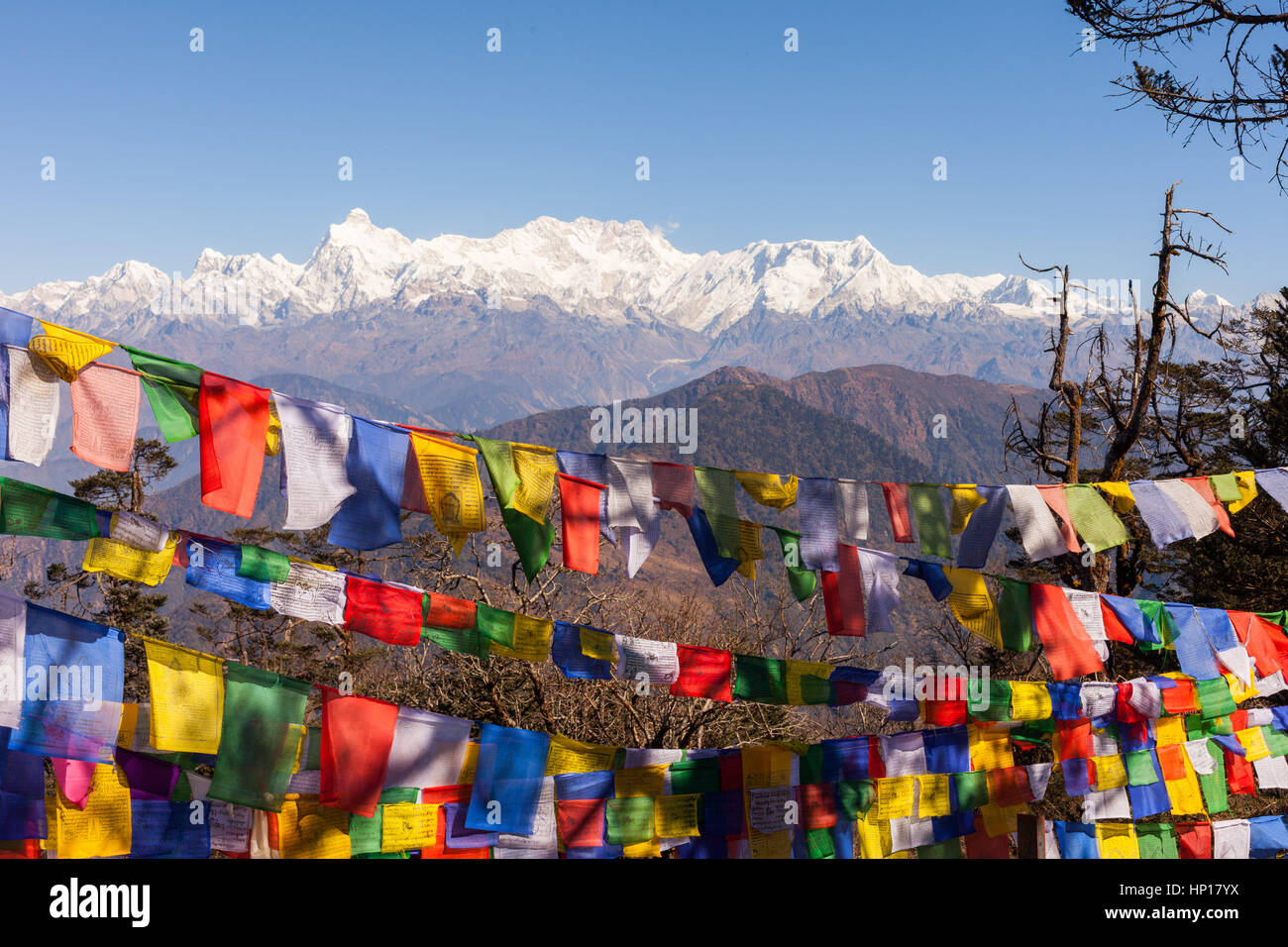 Monte Kangchendzonga con bandiere da preghiera buddista in primo piano Foto Stock