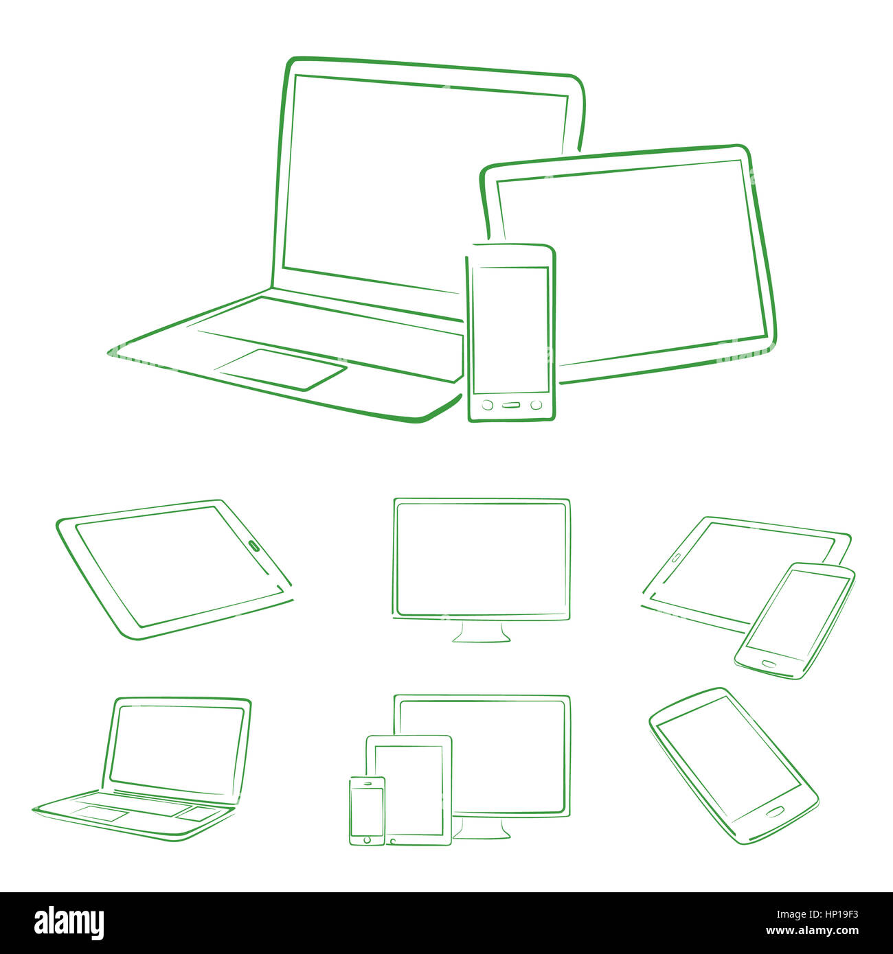 Disegnato a mano i dispositivi digitali in verde e bianco Foto Stock