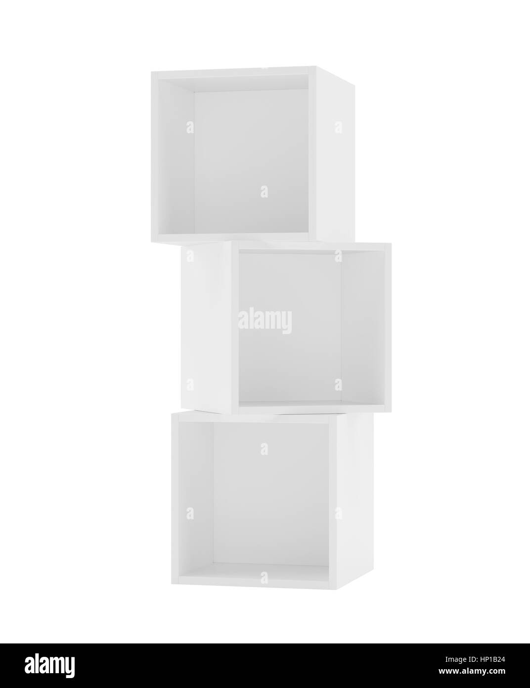 Box bianco ripiani. 3D rendering in background. Foto Stock