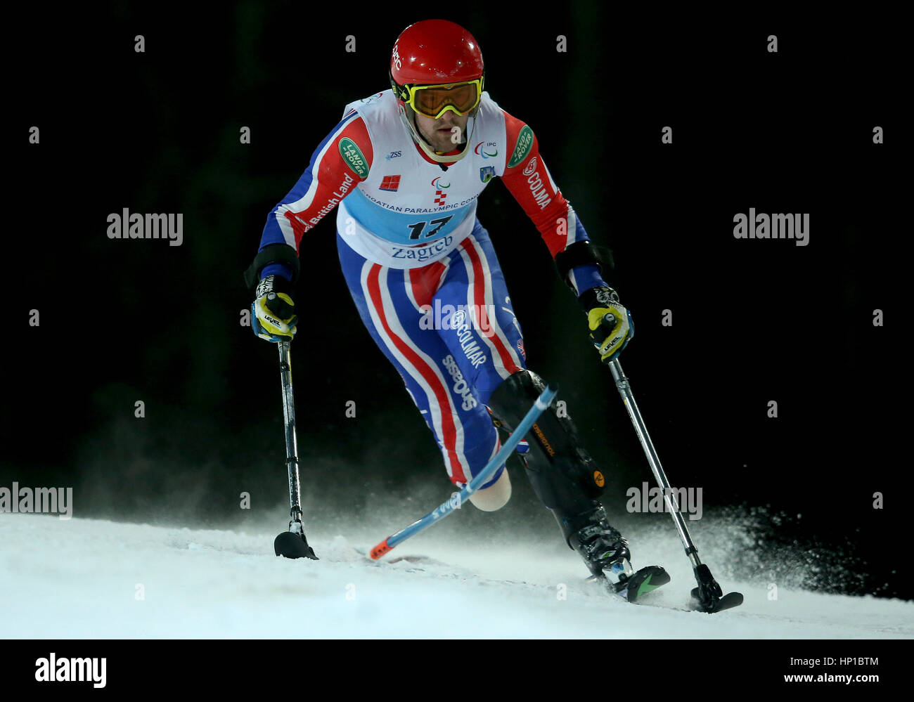 Zagabria, Croazia. Xvi Feb, 2017. British Para sciatore alpino Jack Peters compete durante la seconda gara di slalom di uomini Slalom permanente a 2016-2017 IPC Sci Alpino Coppa Europa a Sljeme a Zagabria, la capitale della Croazia, Feb 16, 2017. Credito: Igor Kralj/Xinhua/Alamy Live News Foto Stock