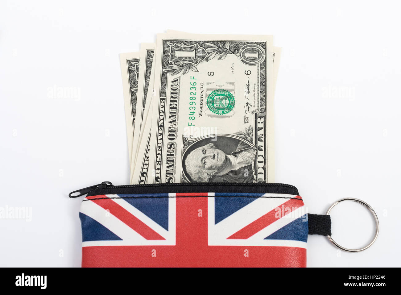 Unione Jack portamonete con noi 1$ / one Dollar Bills / banconote - come metafora per noi Dollar-Sterling tasso di cambio, vacanze spendere soldi in noi Foto Stock