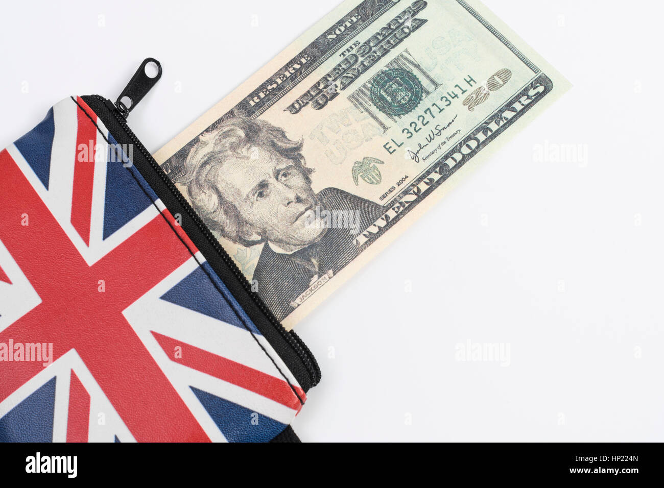 Unione Jack portamonete con noi 20$ / venti dollari / banconota - come metafora per noi Dollar-Sterling tasso di cambio, vacanze spendere soldi in noi Foto Stock