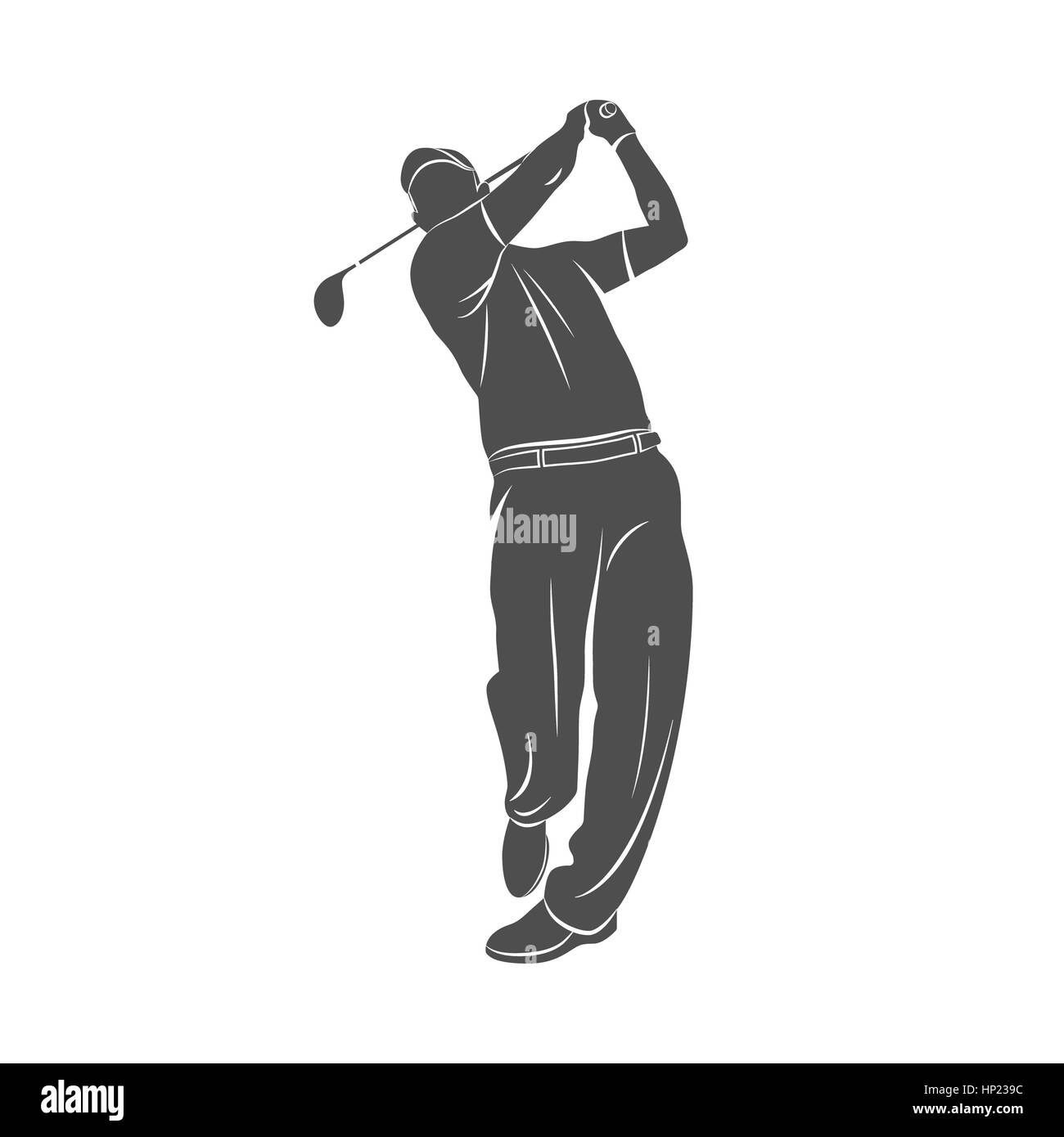 Silhouette giocatore di golf su uno sfondo bianco. Illustrazione della foto. Foto Stock