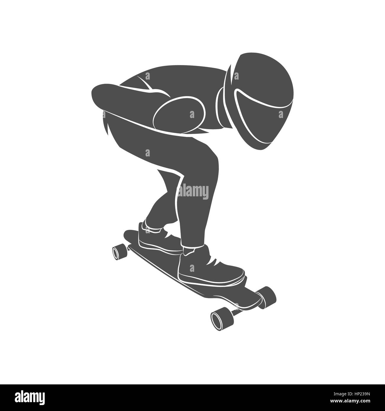 Silhouette guidatore di skateboard surf in discesa su uno sfondo bianco. Illustrazione della foto. Foto Stock