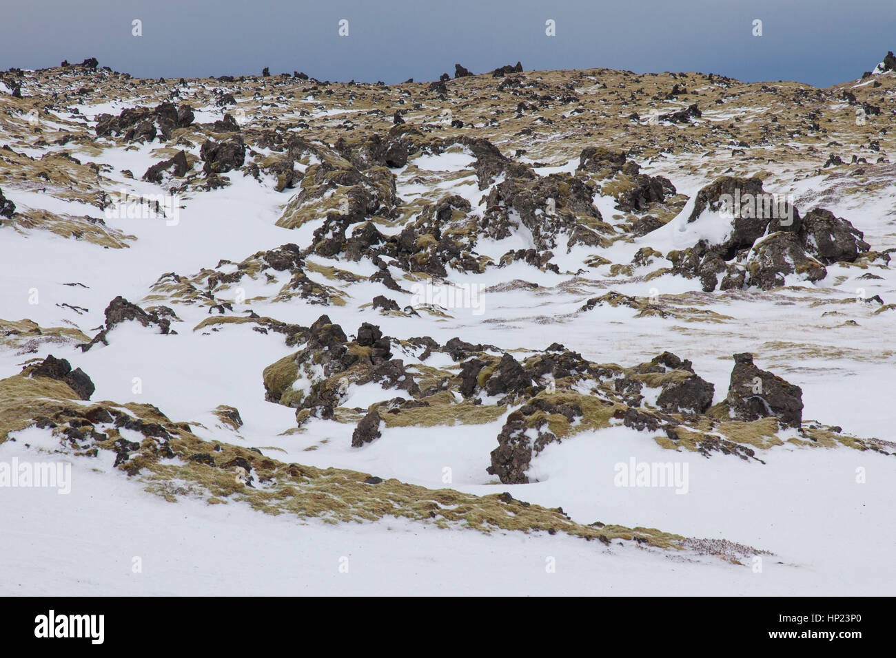 Campo di lava coperto di neve in Snaefellsjökull National Park in inverno sulla penisola Snaefellsnes in Islanda Foto Stock
