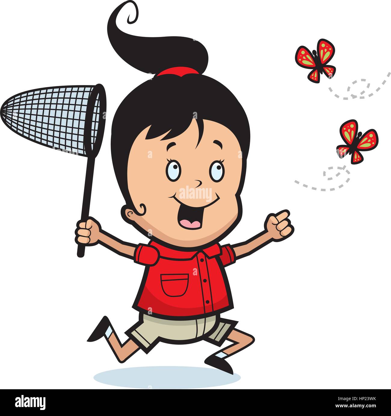 Un felice cartoon ragazza a caccia di farfalle con un net. Illustrazione Vettoriale