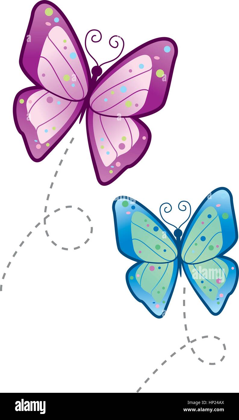 Due cartoon farfalle volare in aria. Illustrazione Vettoriale