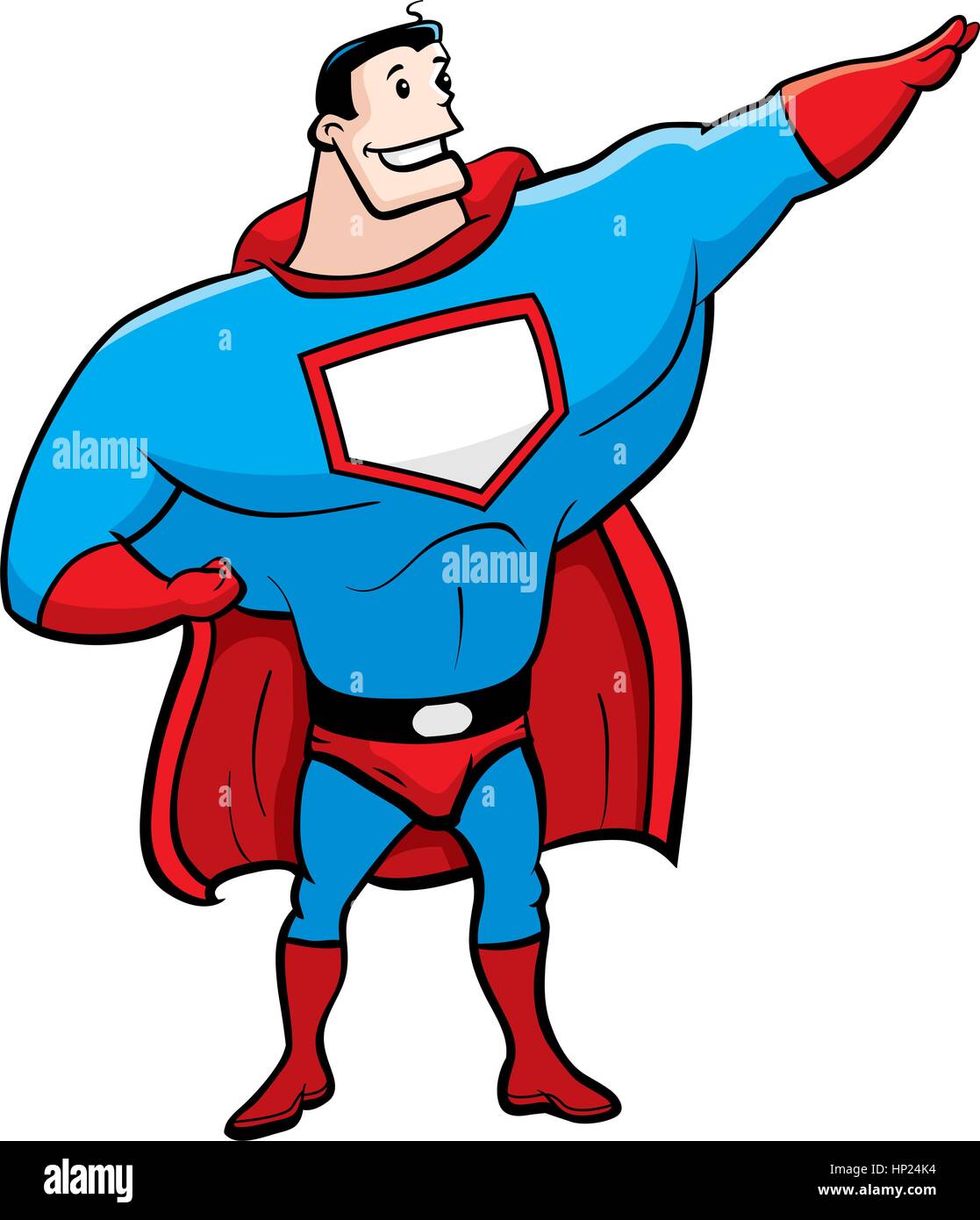 Un felice cartoon supereroe in piedi e sorridente. Illustrazione Vettoriale