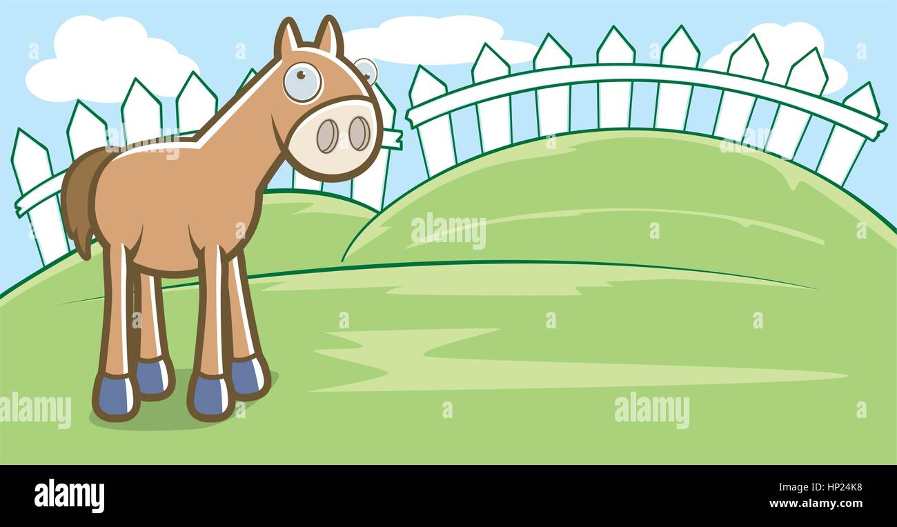 Un felice cartoon cavallo in piedi e sorridente. Illustrazione Vettoriale