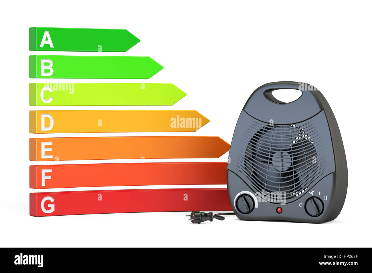 Il risparmio energetico il concetto di consumo. Efficienza energetica grafico con ventola nera riscaldatore, rendering 3D Foto Stock