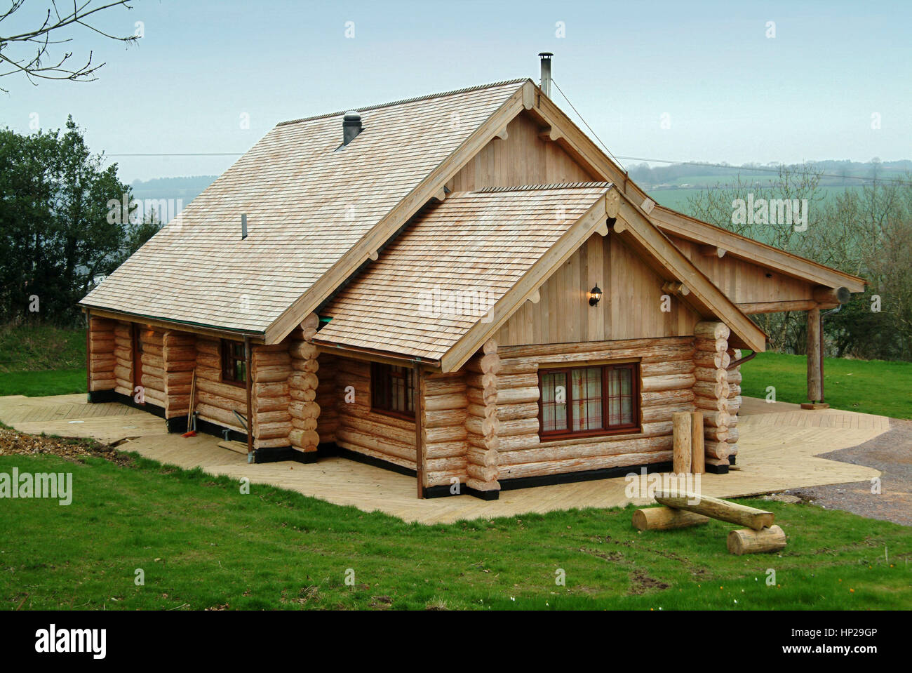 Un log house vicino a Taunton, Somerset, Regno Unito Foto Stock