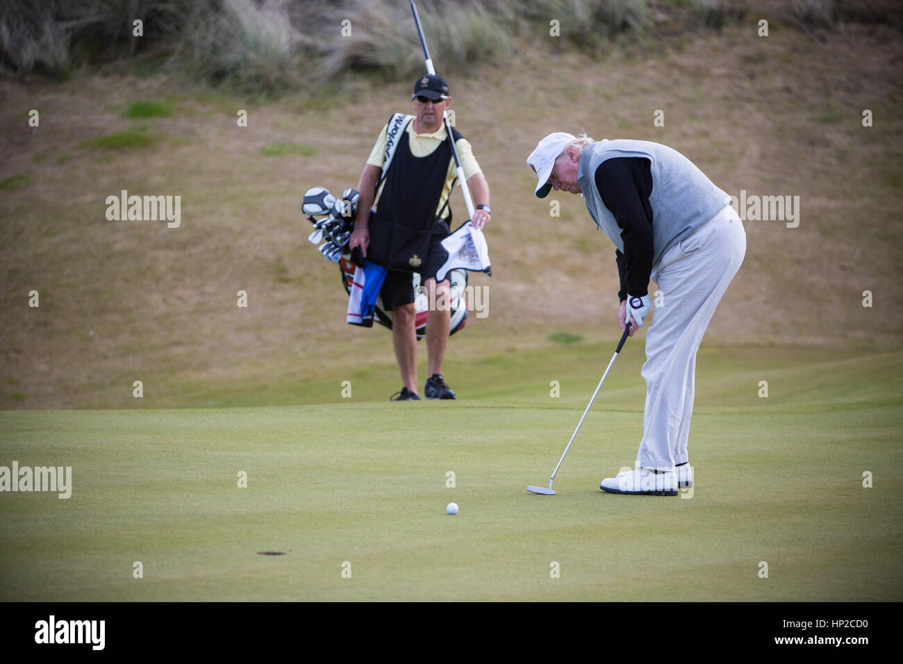 Presidente Donald Trump fotografati a collegamenti Trump International Golf Course a Aberdeen Scotland. Foto Stock