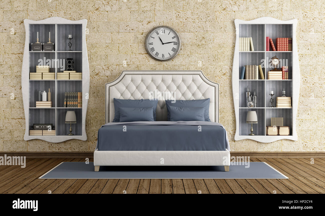 Classic Camera da letto padronale con un elegante letto matrimoniale e due librerie - 3d rendering Foto Stock